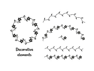 The set of floral decorative elements. Lines, arches, frame, round border or wreath wiht flowers an leaves.