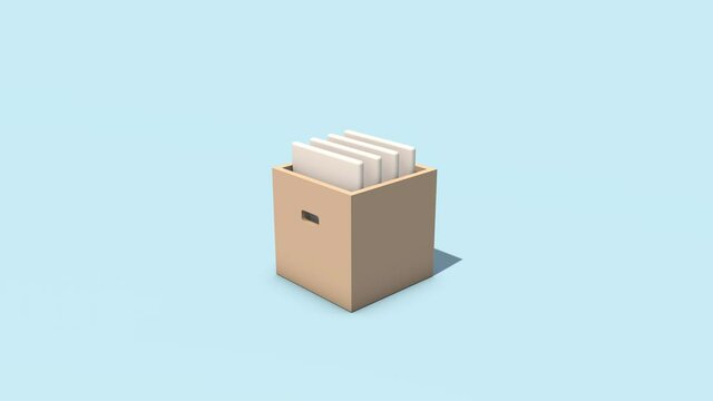 3D animation of an office box with folders. Icon on the theme of office work. Job search and resume sending. Animated icon for the business sphere.
