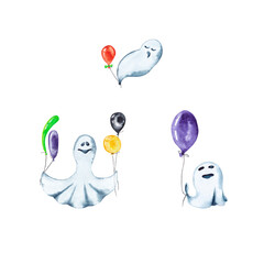 Halloween cute characters. Sleeping Baby Ghost, Child Ghost and Girl Ghost with coloured balloons. Children festival clipart. Watercolor hand painted isolated element on white background.