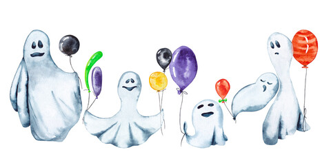 Halloween cute characters. Ghost parents and children with coloured balloons. Family festival clipart. Watercolor hand painted isolated element on white background.
