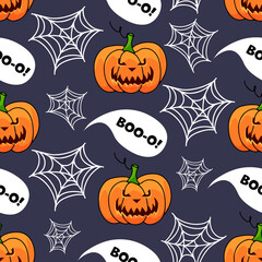 Halloween pumpkin seamless pattern on violet background. Cute halloween pumpkin pattern with web. Halloween theme design vector illustration