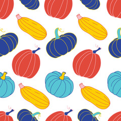 Beautiful pumpkin halloween thanksgiving seamless pattern, cute cartoon pumpkins hand drawn background, great for seasonal textile prints, holiday banners, backdrops or wallpapers, vector surface