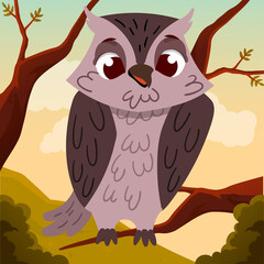 Cute Cartoon Owl. Wise big bird sitting on tree branch. Children illustration for book and printing on fabric. Character with big eyes and beak. Cartoon flat vector picture on background of nature.