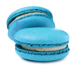 Light blue macarons on white background. Delicious dessert