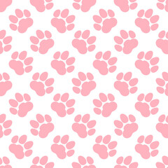 Pink paw print seamless repeating background pattern. Cat or dog footprints. Vector illustration. 