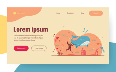 Tiny man exploring marine wildlife. Diver, whale, sea or ocean fishes flat vector illustration. Aquarium, tropical, marine fauna exploration concept for banner, website design or landing web page