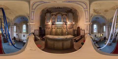  Full spherical seamless hdri panorama 360 degrees inside interior of neo gothic catholic church with frescoes near pipe organ in equirectangular projection, VR AR content