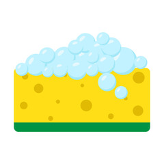 Yellow washing sponge with soap foam icon. Cartoon flat style. Template of cleaning supplies. Tool for kitchen, domestic household, washing or bathing