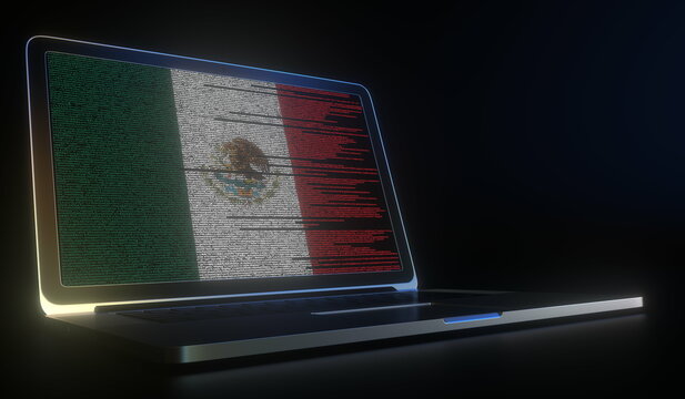 Flag of Mexico made with computer code on the laptop screen. Hacking or cybersecurity related 3d rendering