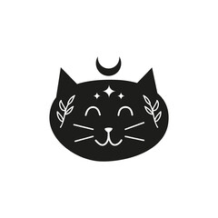 Black boho cat character with moon, leafy branches, stars.