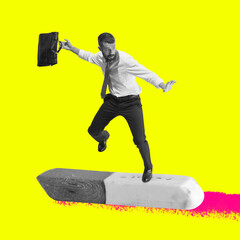Contemporary art collage. Business concept. Composition with motivated employee rushing to work on...