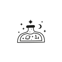 Hand drawn black witch potion in glass.