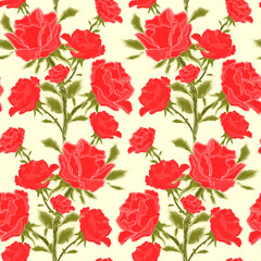 Seamless pattern with red rose flowers on a stem with leaves on a light yellow isolated background. Floral background with roses, imitation of a drawing in gouache.