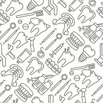 Dentist, orthodontics seamless pattern with line style icons. Health care background for dentistry clinic. Outline dental care, medical equipment, braces, tooth prosthesis, caries treatment background