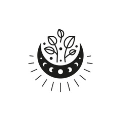 Boho floral crescent moon with leafy branches and starburst. © Minur