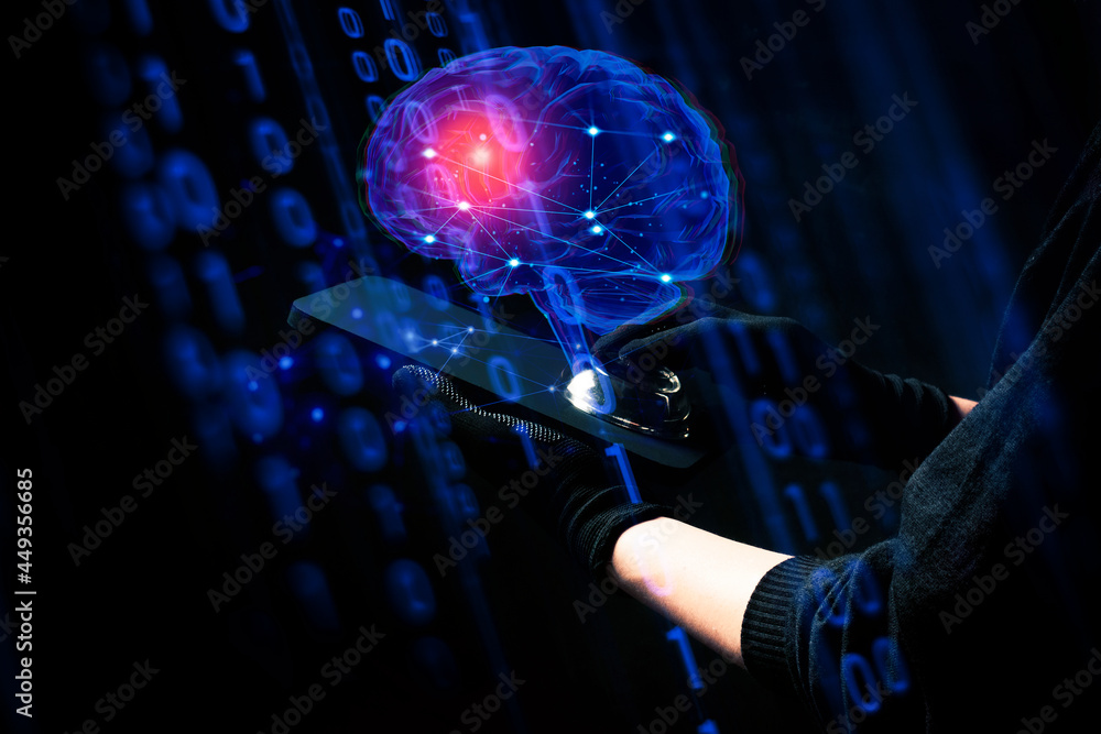 Poster people connecting to ai network brain of technology devices, artificial intelligence robotic