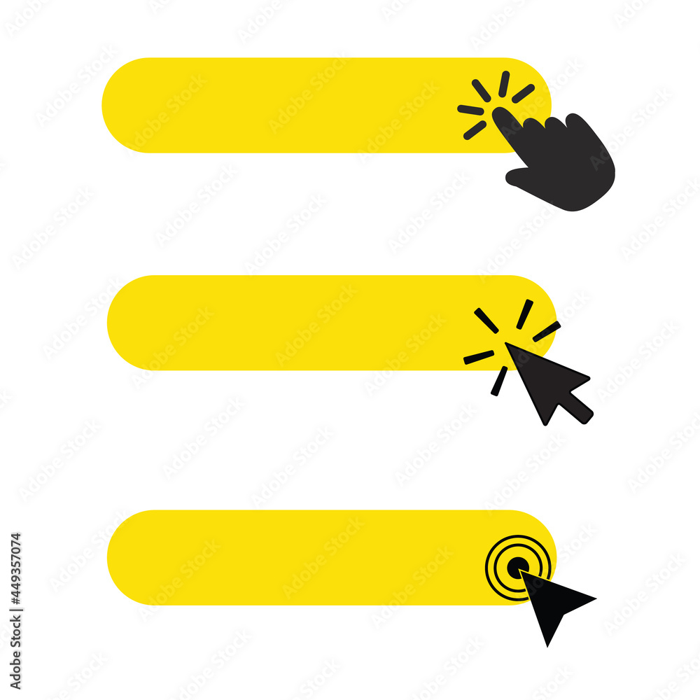 Poster blank click here yellow button on white background. click here button with hand clicking and arrow s