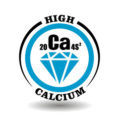 Circle vector icon with chemical Calcium symbol and mineral illustration of blue diamond crystal for packaging signs of cosmetics and medical products with high calcium level