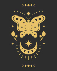 Magic occult tarot card with boho symbols.