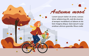 Hello autumn, banner. Happy young girl rides a bike in the park, city background. Healthy lifestyle and active recreation. Vector illustration in a flat style.