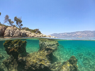 Underwater seascape of Aegean Sea. Near Marmaris, Turkey. Sedir Island (commercial name - Cleopatra Island). - 449357400