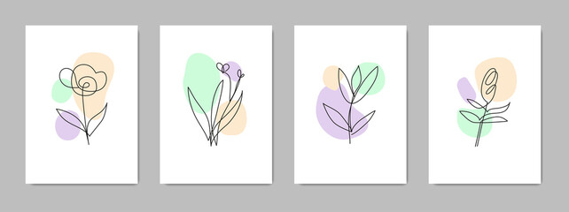 Set of abstract contemporary cards with spots, dots, one line flowers.