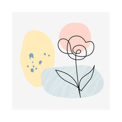 Abstract contemporary card with spots, dots, one line flower.