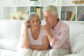 Portrait of senior couple sitting on sofa at home