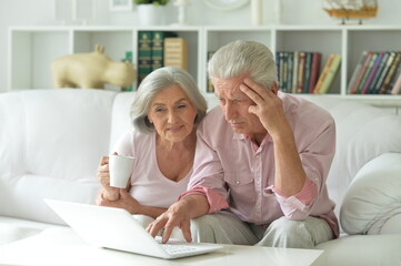 Two elderly people sitting on couch with laptop