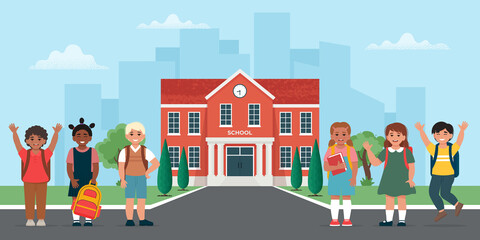 Obraz na płótnie Canvas School Children with backpack near school building, happy kids. Back to school concept. Vector illustration in flat style