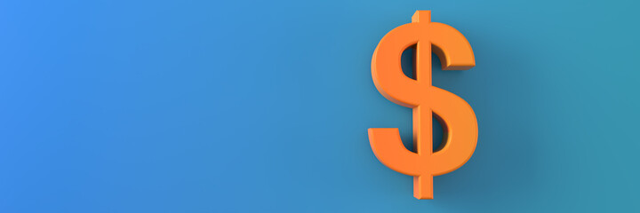 The symbol of the American currency is orange on a blue background. 3D visualization