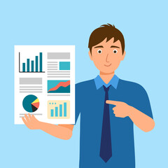 Businessman presenting business report in flat design. Bank employee explaining investment report to customer or investor.