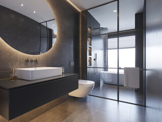 3d render of a minimal atmospheric dark masculine  bathroom with a washbasin a toilet and shower	

