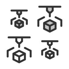 Pixel-perfect linear icon of 3D printer built on two base grids of 32x32 and 24x24 pixels. The initial base line weight is 2 pixels. In two-color and one-color versions. Editable strokes  