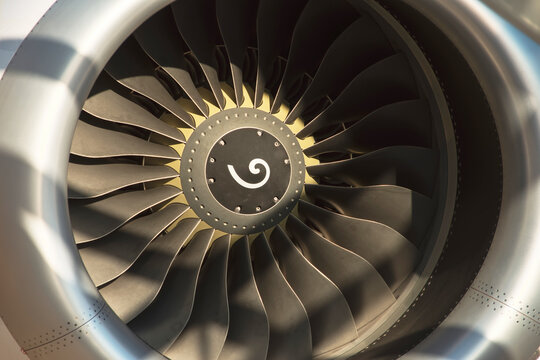 Close up of turbo jet of civil aircraft turbine engine fan.