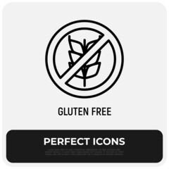Gluten free sign, no grain thin line icon.  Dietary label for food. Modern vector illustration.