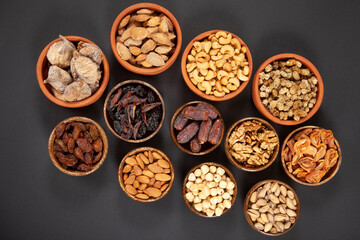 Dried fruits and mixed nuts. Healthy foods.