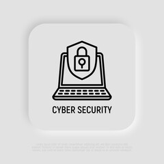 Cyber security, open laptop with shield thin line icon. Modern vector illustration.