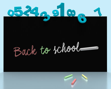 Numbers on top as frame with blackboard and chalk and text back to school on board.
