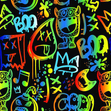 Neon hand drawn pattern with monsters for boys. Slogans, graffiti background. For children's textiles, wrapping paper, prints
