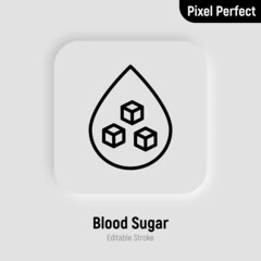 Blood sugar thin line icon. Droplet of blood with pieces of sugar inside. Diabetes diagnostics. Pixel perfect, editable stroke. Vector illustration.