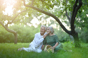 Senior couple sitting on the grass in the park