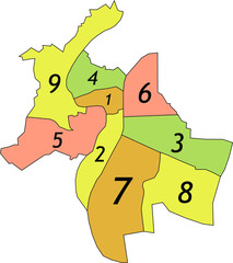 Simple pastel vector map with black borders and numeral names of arrondissements of Lyon, France