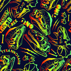 Bright neonn Seamless  Dino pattern, print for T-shirts, textiles, wrapping paper, web. Original design with t-rex,dinosaur skeleton.  grunge design for boys . 