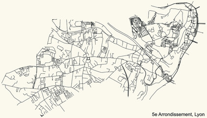 Black simple detailed street roads map on vintage beige background of the quarter 5th arrondissement district of Lyon, France - obrazy, fototapety, plakaty