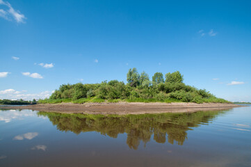 Fototapeta na wymiar Small island on the Tura River in Tyumen, Russia.