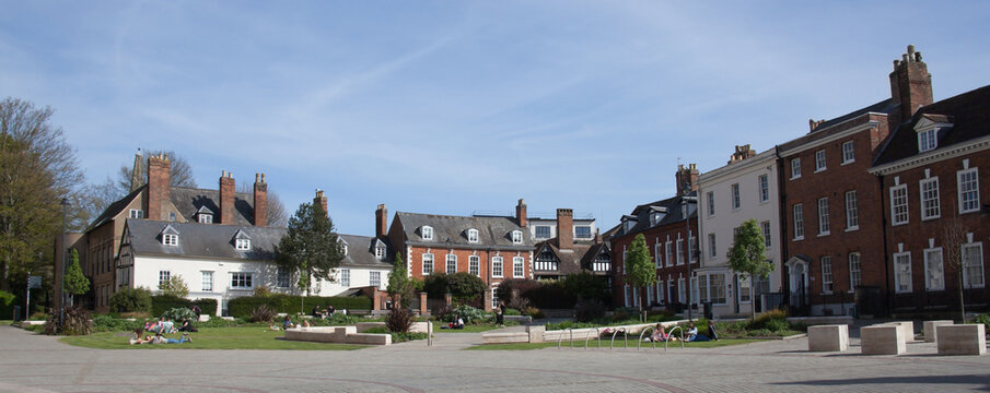 Views of Gloucester Cathedral Gardens and surrounding buildings in Gloucester in the UK