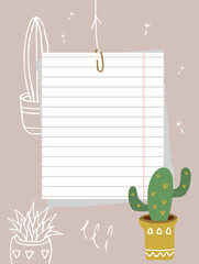 Sheet of ruled paper hangs on a thread. Note paper, cactus in a yellow pot, white contours of cacti in the background. Vector illustration, flat style.