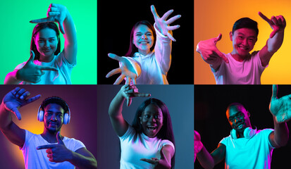 six young people, men and women gesticulating at camera isolated over colored backgrounds in neon...
