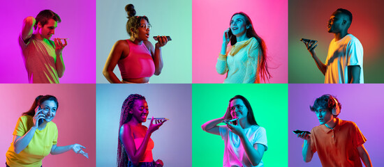 Eight young people, men and women with smartphones isolated over colored backgrounds in neon...
